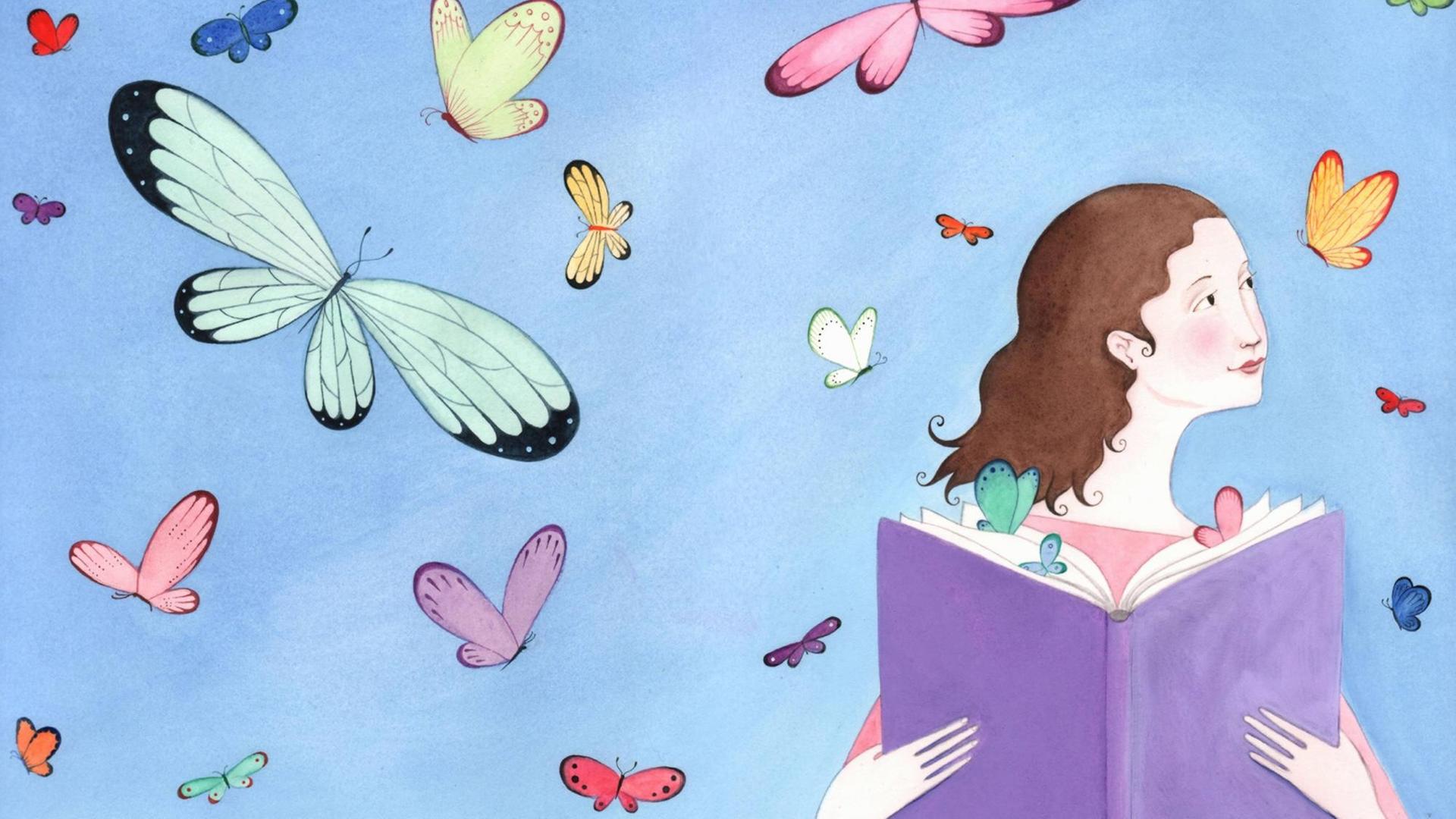 Eine Illustration zeigt ein Mädchen mit Buch, das von Schmetterlingen umflogen wird. Eine Illustration zeigt ein Mädchen mit Buch, das von Schmetterlingen umflogen wird.