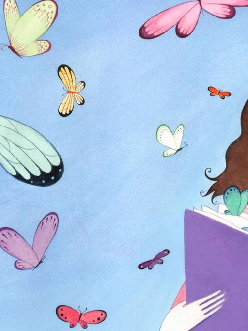 Eine Illustration zeigt ein Mädchen mit Buch, das von Schmetterlingen umflogen wird.