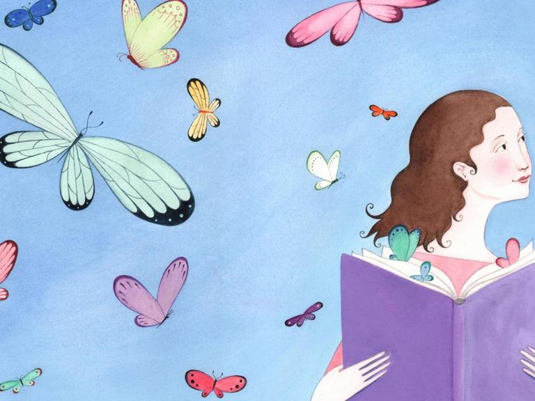 Eine Illustration zeigt ein Mädchen mit Buch, das von Schmetterlingen umflogen wird.