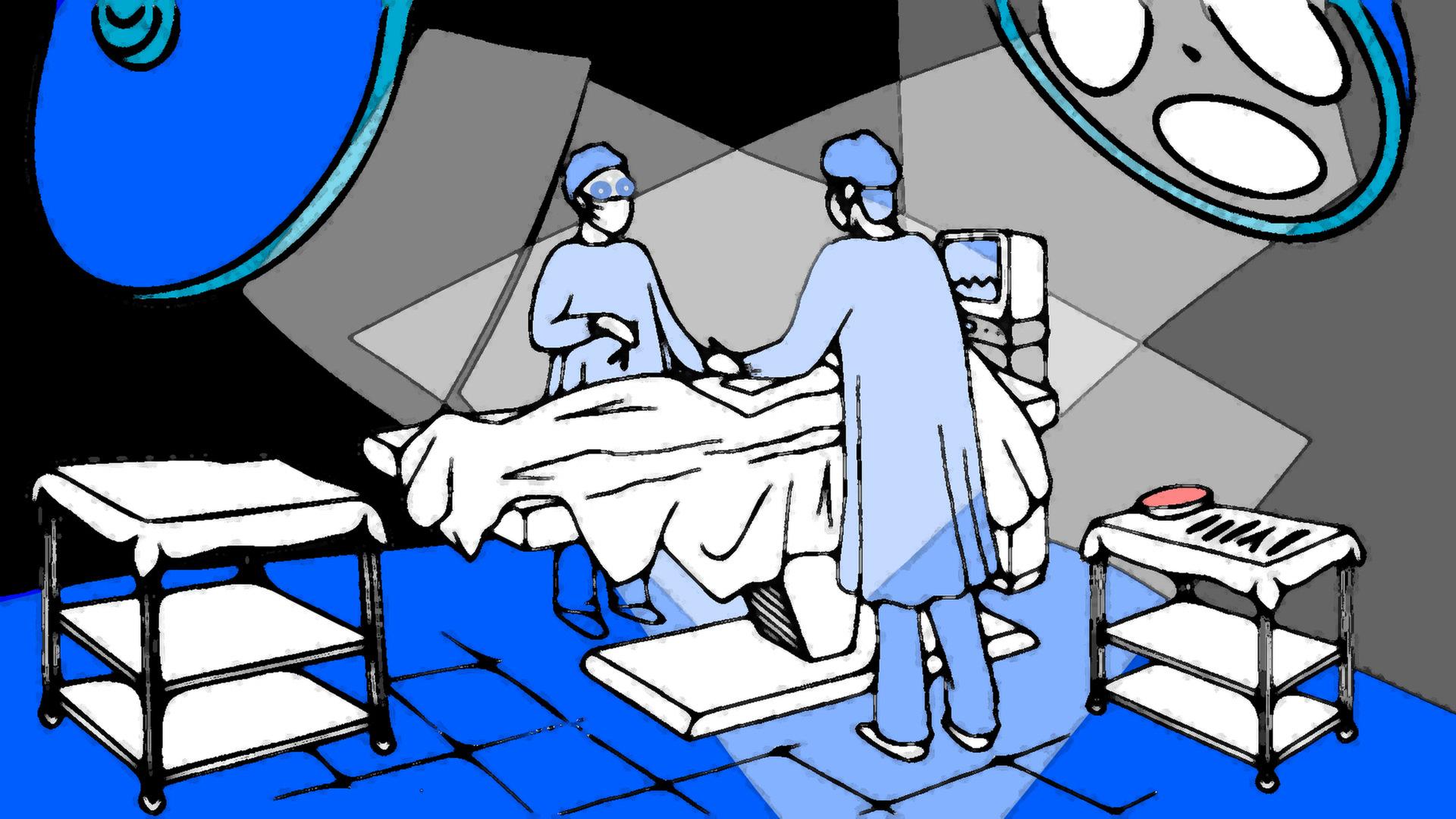 Grafik von einer Krankenhausszene: Ein Arzt und eine Krankenschwester in blauen OP-Kitteln, Hauben und Mundschutz stehen am Bett eines Patienten. Grafik von einer Krankenhausszene: Ein Arzt und eine Krankenschwester in blauen OP-Kitteln, Hauben und Mundschutz stehen am Bett eines Patienten.