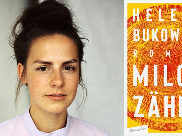 Zu sehen ist die Autroin Helene Bukowski und das Cover ihres Romans "Milchzähne".