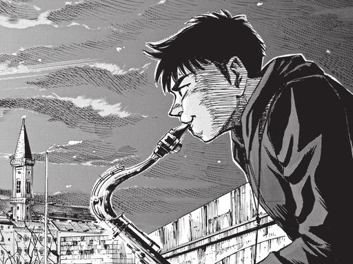 Ausschnitt aus dem Manga "Blue Giant Supreme": Ein japanischer Junge spielt Tenorsaxophon in München