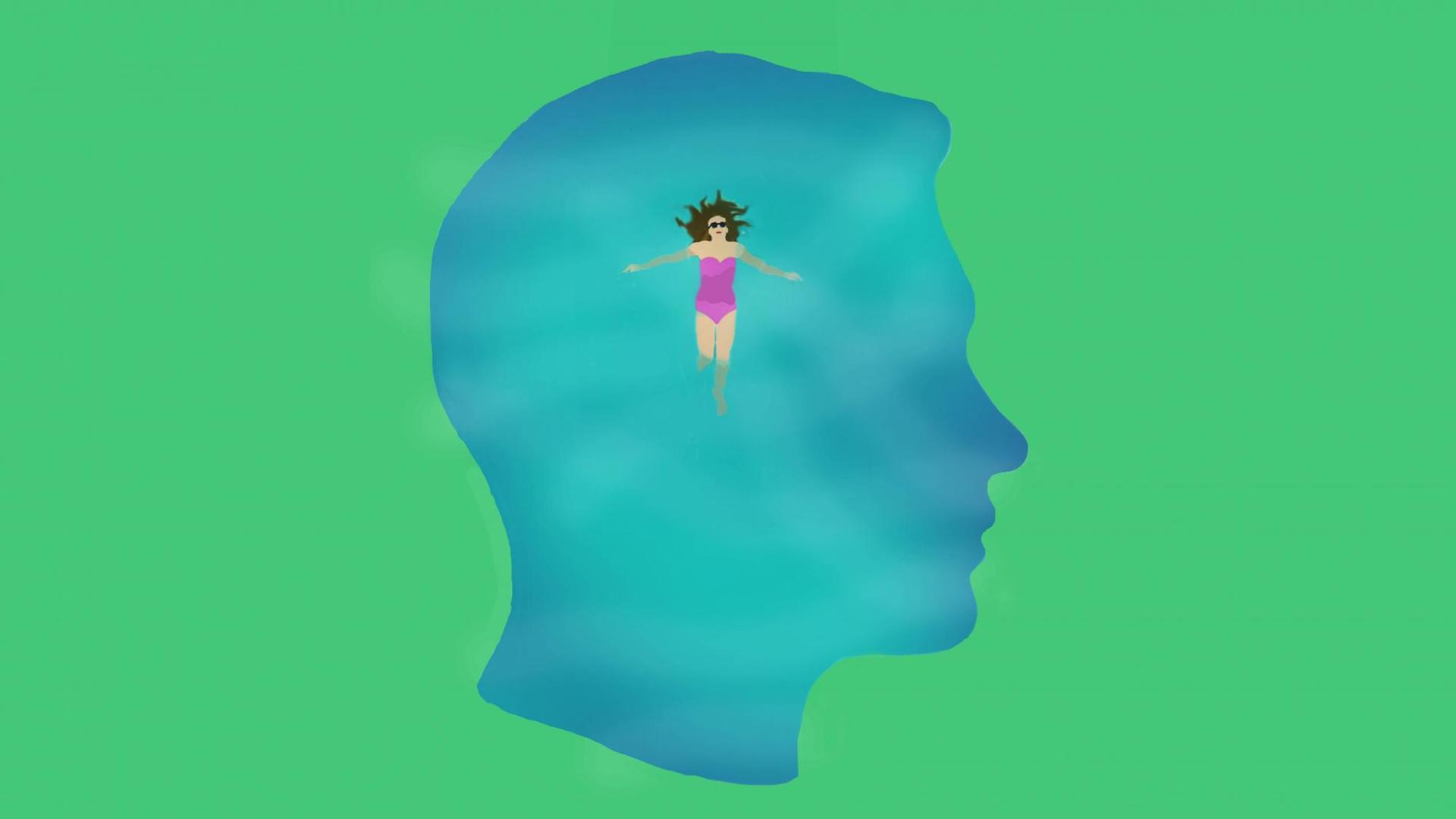 Die Silhouette eines Jungenkopfes, in dem eine Frau im Badeanzug schwimmt. Die Silhouette eines Jungenkopfes, in dem eine Frau im Badeanzug schwimmt.