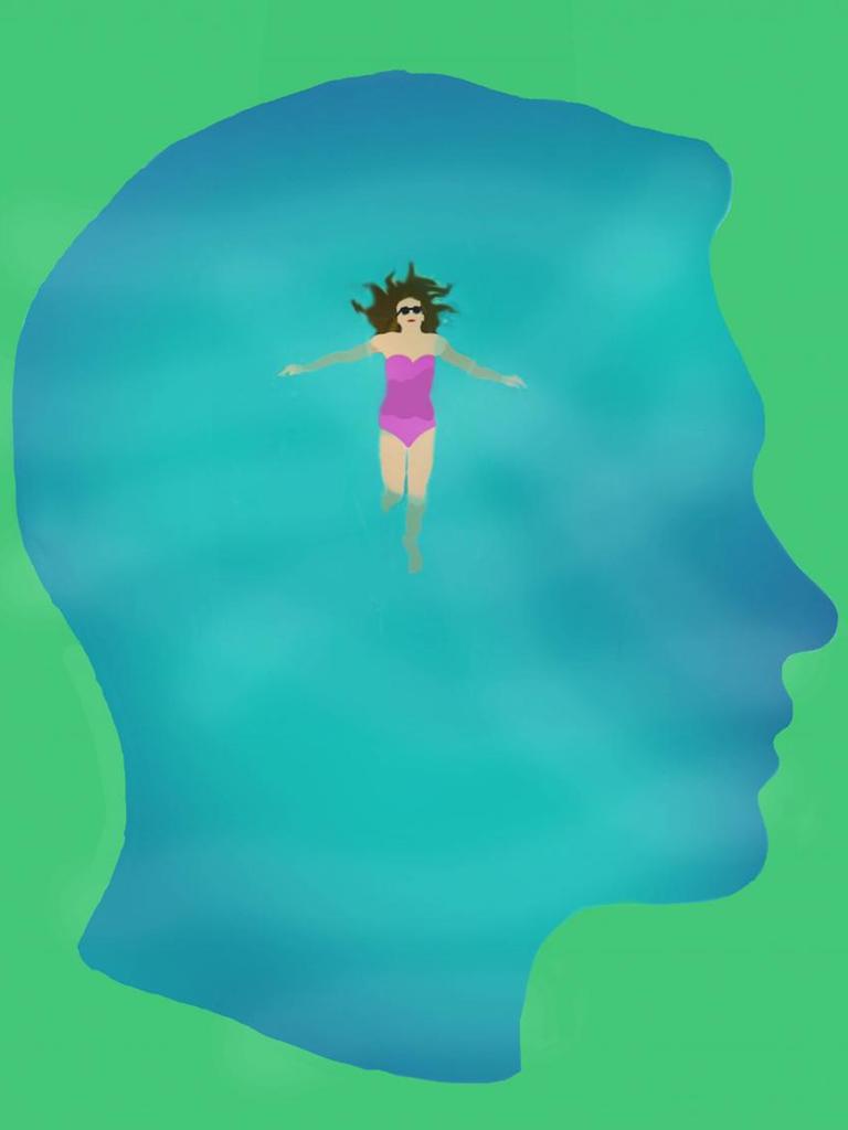 Die Silhouette eines Jungenkopfes, in dem eine Frau im Badeanzug schwimmt.
