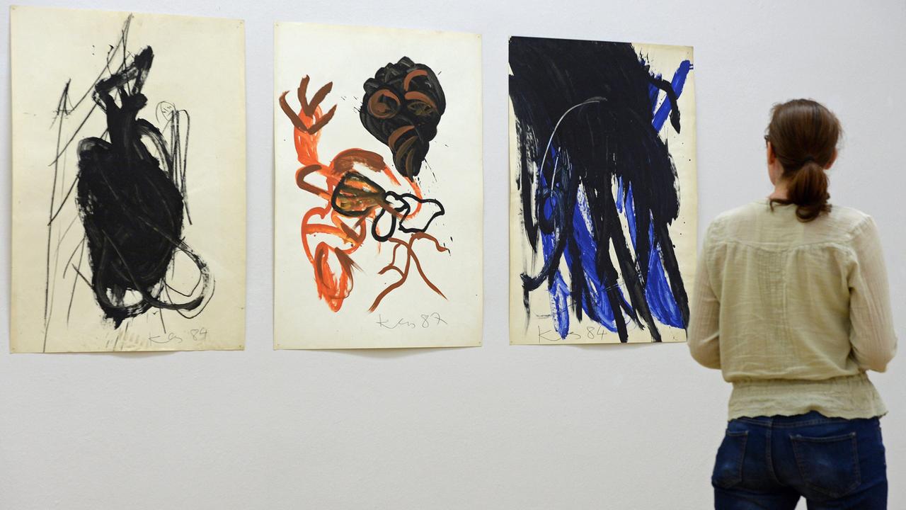 Eine Besucherin betrachtet am 9.5.2014 Acrylarbeiten von Klaus Hähner-Springmühl (1950-2006) in der Ausstellung "Hommage à Klaus Hähner-Springmühl" in den Kunstsammlungen Chemnitz. Eine Besucherin betrachtet am 9.5.2014 Acrylarbeiten von Klaus Hähner-Springmühl (1950-2006) in der Ausstellung "Hommage à Klaus Hähner-Springmühl" in den Kunstsammlungen Chemnitz.