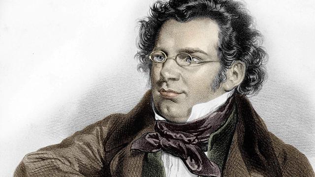 Idealisierte, nachkolorierte Zeichnung des sitzenden Komponisten mit kurzem, dunklen, lockigem Haar und kleiner, rundlicher Brille.