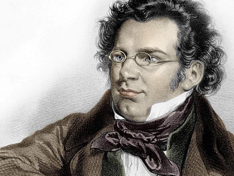 Idealisierte, nachkolorierte Zeichnung des sitzenden Komponisten mit kurzem, dunklen, lockigem Haar und kleiner, rundlicher Brille.
