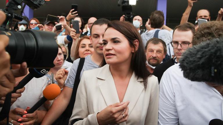 Presidential candidate Svetlana Tikhanovskaya after voting in the 2020 Belarusian presidential election.
