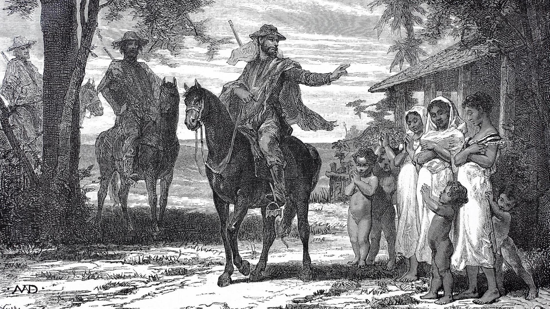 Von oben herab: Europäische Siedler segnen die lokale Bevölkerung in Paraguay. Von oben herab: Europäische Siedler segnen die lokale Bevölkerung in Paraguay.