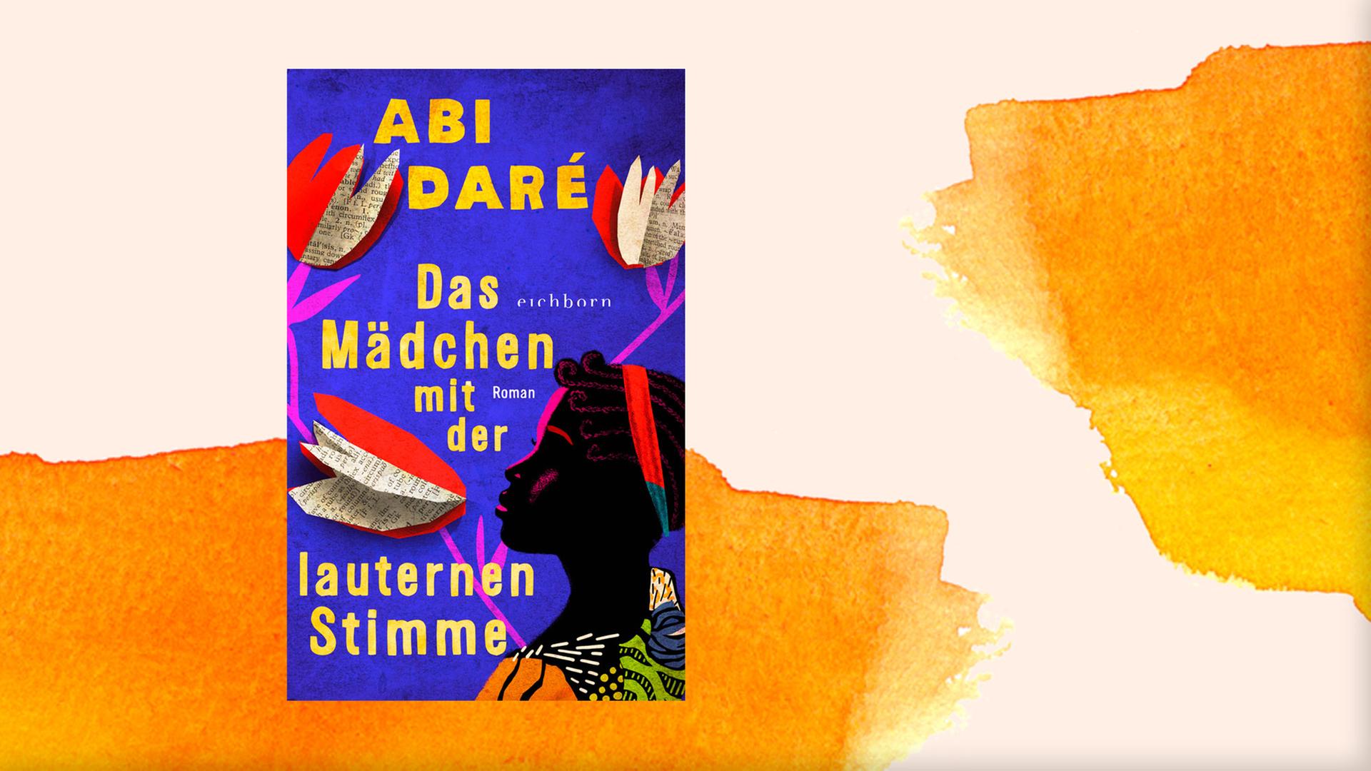 Cover von "Das Mädchen mit der lauternen Stimme" vor orangefarbenem Aquarellhintergrund. Das bunte, collagenhafte Cover zeigte eine junge schwarze Frau zwischen Blumen aus Buchseiten. Cover von "Das Mädchen mit der lauternen Stimme" vor orangefarbenem Aquarellhintergrund. Das bunte, collagenhafte Cover zeigte eine junge schwarze Frau zwischen Blumen aus Buchseiten.