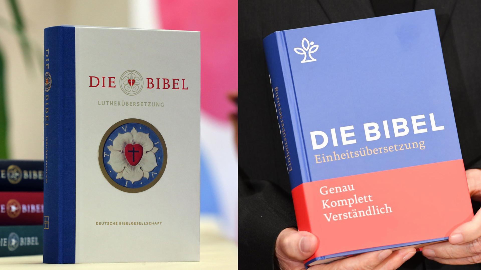 Zwei neue Bibeln: Links die überarbeitete Luther-Übersetzung, rechts die neue Einheitsübersetzung des Katholischen Bibelwerks