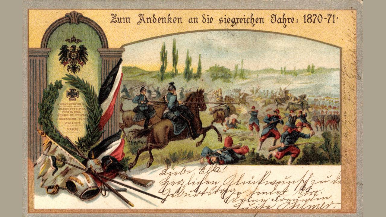 Historische Postkarte mit Motiv aus dem deutsch-französischen Krieg, oben die Dachzeile: "Zum Angedenken an die siegreichen Jahre 1870/71"