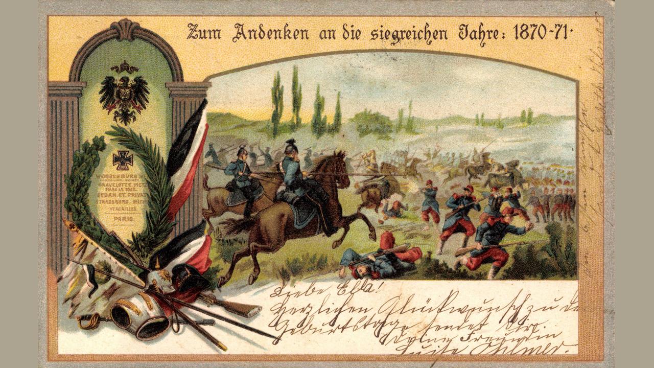 Historische Postkarte mit Motiv aus dem deutsch-französischen Krieg, oben die Dachzeile: "Zum Angedenken an die siegreichen Jahre 1870/71" Historische Postkarte mit Motiv aus dem deutsch-französischen Krieg, oben die Dachzeile: "Zum Angedenken an die siegreichen Jahre 1870/71"