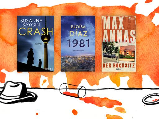 Die Cover der Top drei der Krimibestenliste des Augusts 2021: Susanne Saygins „Crash“, Eloísa Díaz' "1981" und Max Annas' "Der Hochsitz" (v.l.n.r.).