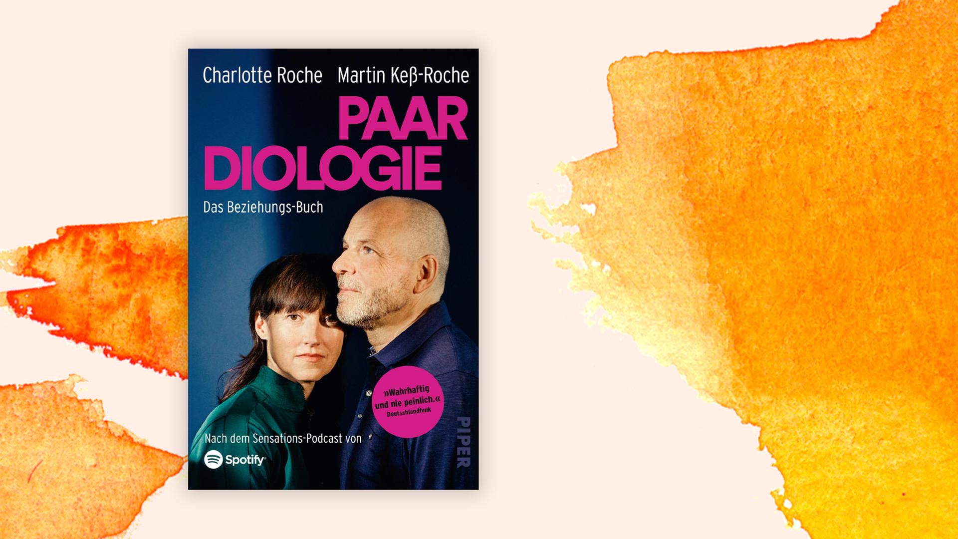 Das Buchcover von Charlotte Roche und Martin Keß-Roche "Paardiologie" vor Deutschlandfunk Kultur Hintergrund..