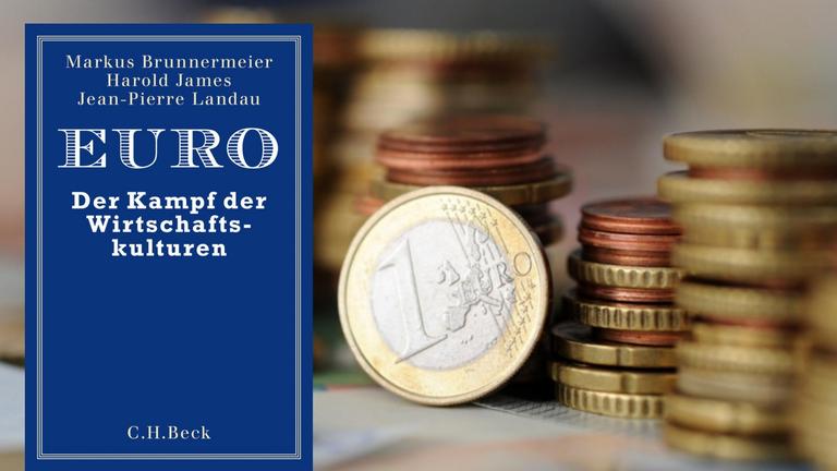 Hintergrundbild: Eine 1-Euro-Münze lehnt am 04.11.2014 in München (Bayern) an gestapelten Münzen. Im Vordergrund: Buchcover.