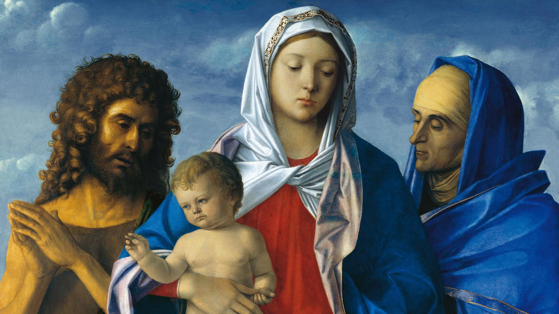 Ausschnitt aus einem Bild von Bellini, welches die Madonna mit Kind, Johannes den Täufer und die Heilige Elisabeth zeigt