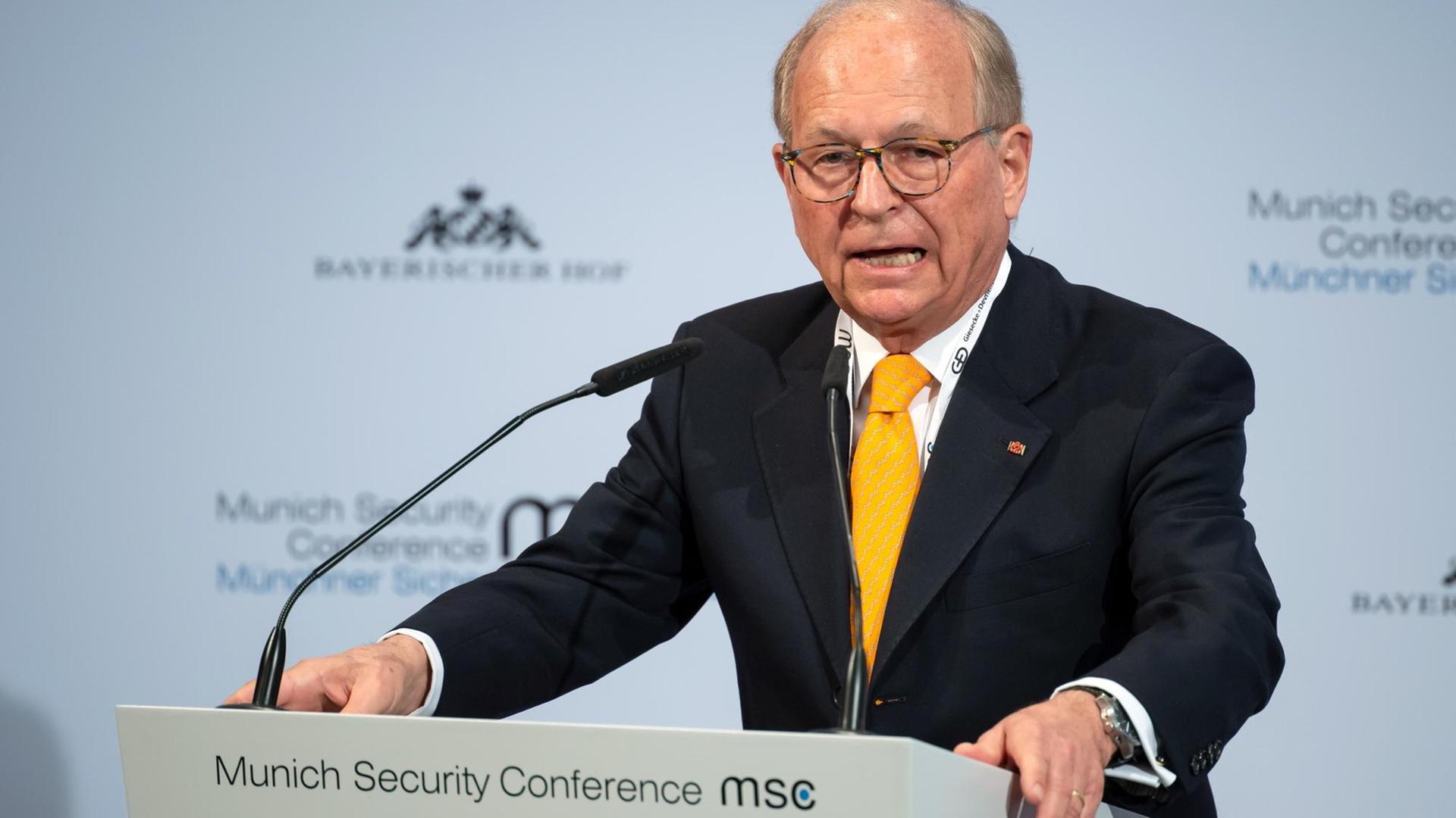Wolfgang Ischinger, Vorsitzender der Münchner Sicherheitskonferenz, spricht auf der Münchner Sicherheitskonferenz 2020. Wolfgang Ischinger, Vorsitzender der Münchner Sicherheitskonferenz, spricht auf der Münchner Sicherheitskonferenz 2020.