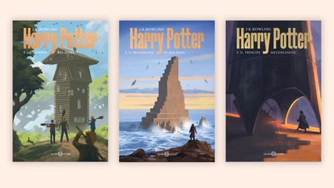 Verschiedene Harry Potter Buchcover. Alle zeigen architektonische Gebilde aus den Harry Potter Geschichten.