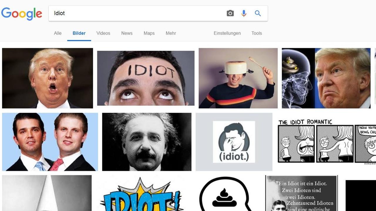 Screenshopt von der Google-Seite mit dem Suchauftrag "Bilder"- "Idiot": Wer bei Google-Bildersuche "Idiot" eingibt, bekommt ziemlich viel Trump angeboten. Screenshopt von der Google-Seite mit dem Suchauftrag "Bilder"- "Idiot": Wer bei Google-Bildersuche "Idiot" eingibt, bekommt ziemlich viel Trump angeboten.