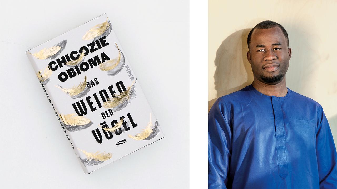 Porträt von Chigozie Obioma und sein Buch "Das Weinen der Vögel". Porträt von Chigozie Obioma und sein Buch "Das Weinen der Vögel".