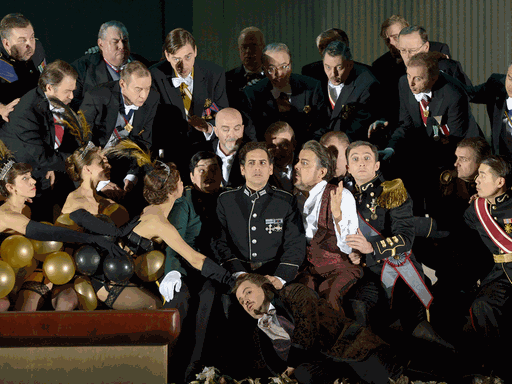 Eine Szene aus Meyerbeers "Die Hugenotten" an der Deutschen Oper Berlin mit Juan Diego Flórez, Marc Barrard und dem Chor der Deutschen Oper Berlin