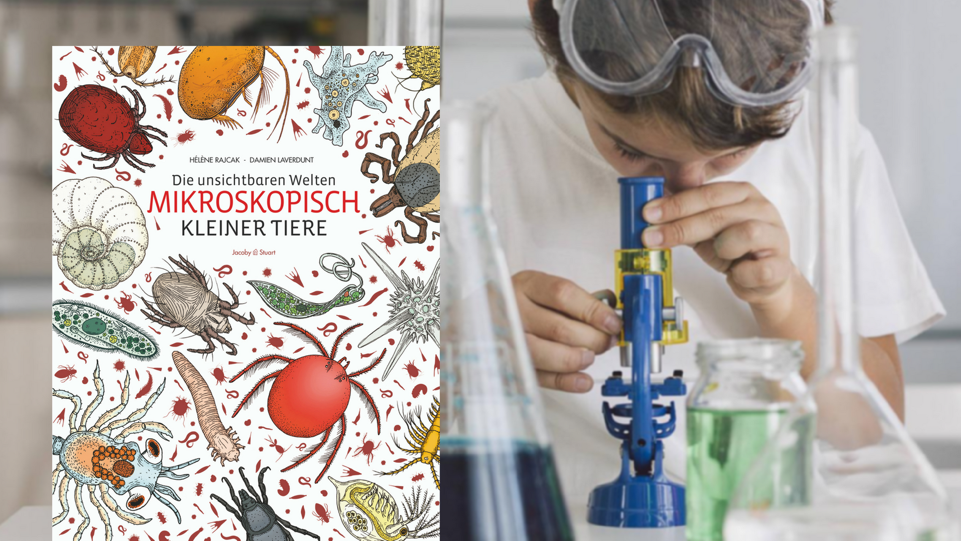 Buchcover "Die unsichtbaren Welten mikroskopisch kleiner Tiere" von Hélène Rajcak und Damien Laverdunt. Im Hintergrund ein Kind an einem Mikroskop. Buchcover "Die unsichtbaren Welten mikroskopisch kleiner Tiere" von Hélène Rajcak und Damien Laverdunt. Im Hintergrund ein Kind an einem Mikroskop.