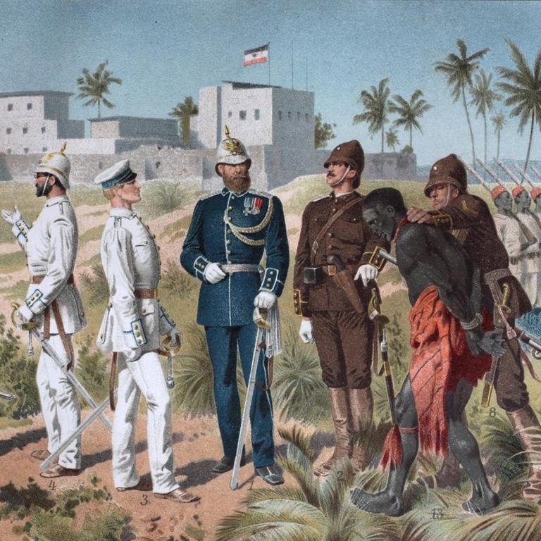 Verschiedene Uniformen der Schutztruppe, koloniale Truppen in den afrikanischen Gebieten des Deutschen Kolonialreichs vom Ende des 19. Jahrhunderts bis 1918.