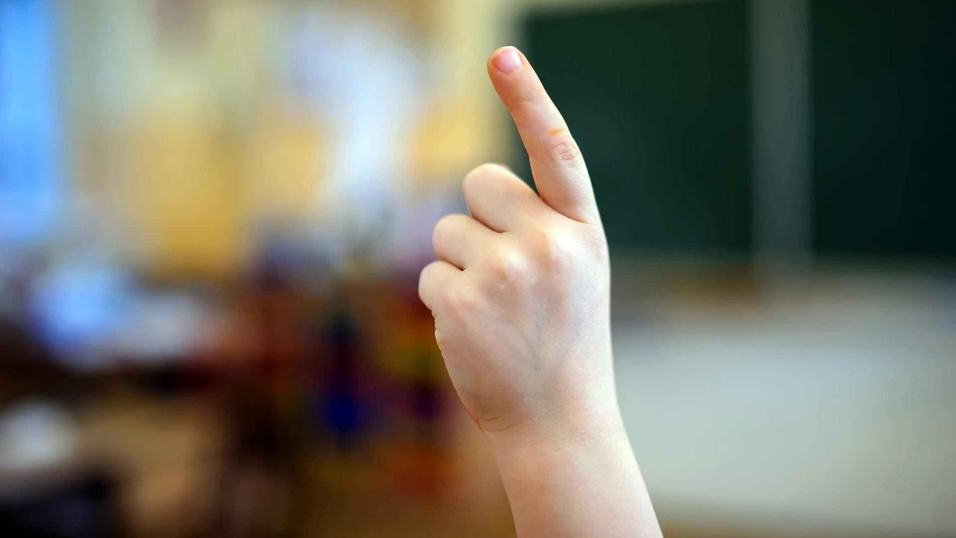 Ein Schulkind meldet sich im Unterricht mit gestrecktem Zeigefinger, aufgenommen am 19.01.2015 in Dresden (Sachsen). Foto: Thomas Eisenhuth | Verwendung weltweit Ein Schulkind meldet sich im Unterricht mit gestrecktem Zeigefinger, aufgenommen am 19.01.2015 in Dresden (Sachsen). Foto: Thomas Eisenhuth | Verwendung weltweit