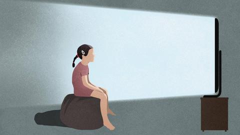 Ein Mädchen schaut in einen Fernseher (Illustration)