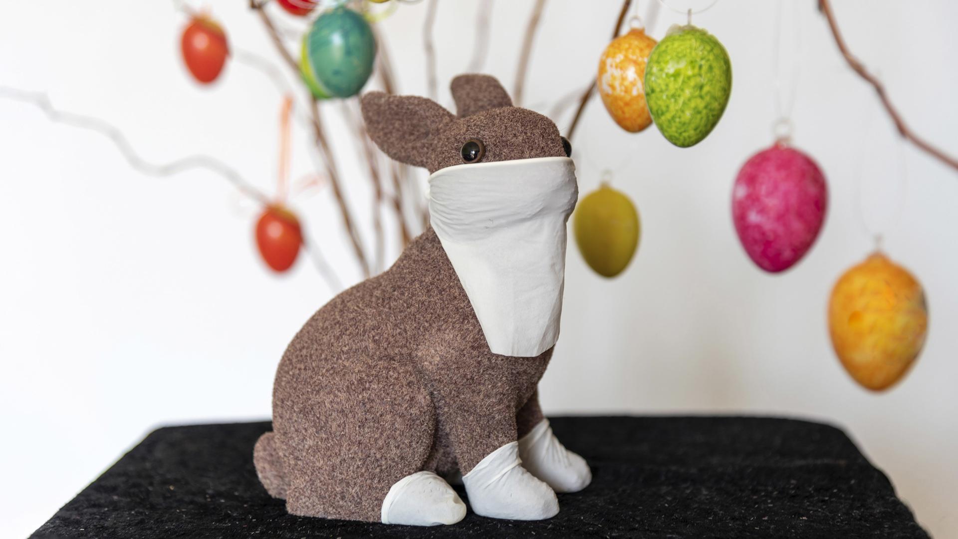 Osterhase mit Mundschutz und Ostereier Osterhase mit Mundschutz und Ostereier