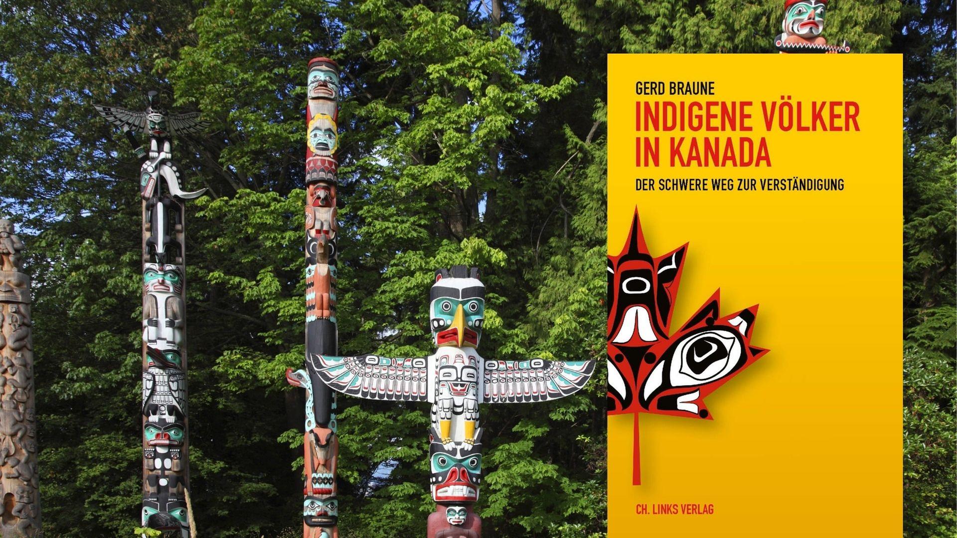 Buchcover Gerd Braune: "Indigene Völker in Kanada. Der schwere Weg zur Verständigung", im Hintergrund Totempfaehle im Stanley Park, Kanada, British Columbia Buchcover Gerd Braune: "Indigene Völker in Kanada. Der schwere Weg zur Verständigung", im Hintergrund Totempfaehle im Stanley Park, Kanada, British Columbia