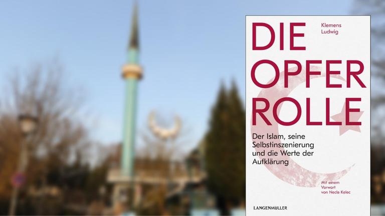 Hintergrundbild: Das islamische Zentrum München mit seinem hellblauen Minarett ist auf der anderen Straßenseite zu sehen. Vordergrund: Buchcover