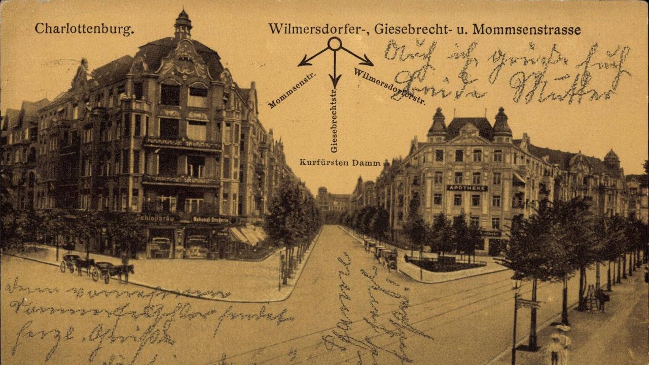 Eine alte Postkarte, vermutlich von 1935, zeigt die Ecke Wilmersdorfer, Giesebrecht und Mommsenstraße in Berlin Charlottenburg! Eine alte Postkarte, vermutlich von 1935, zeigt die Ecke Wilmersdorfer, Giesebrecht und Mommsenstraße in Berlin Charlottenburg!