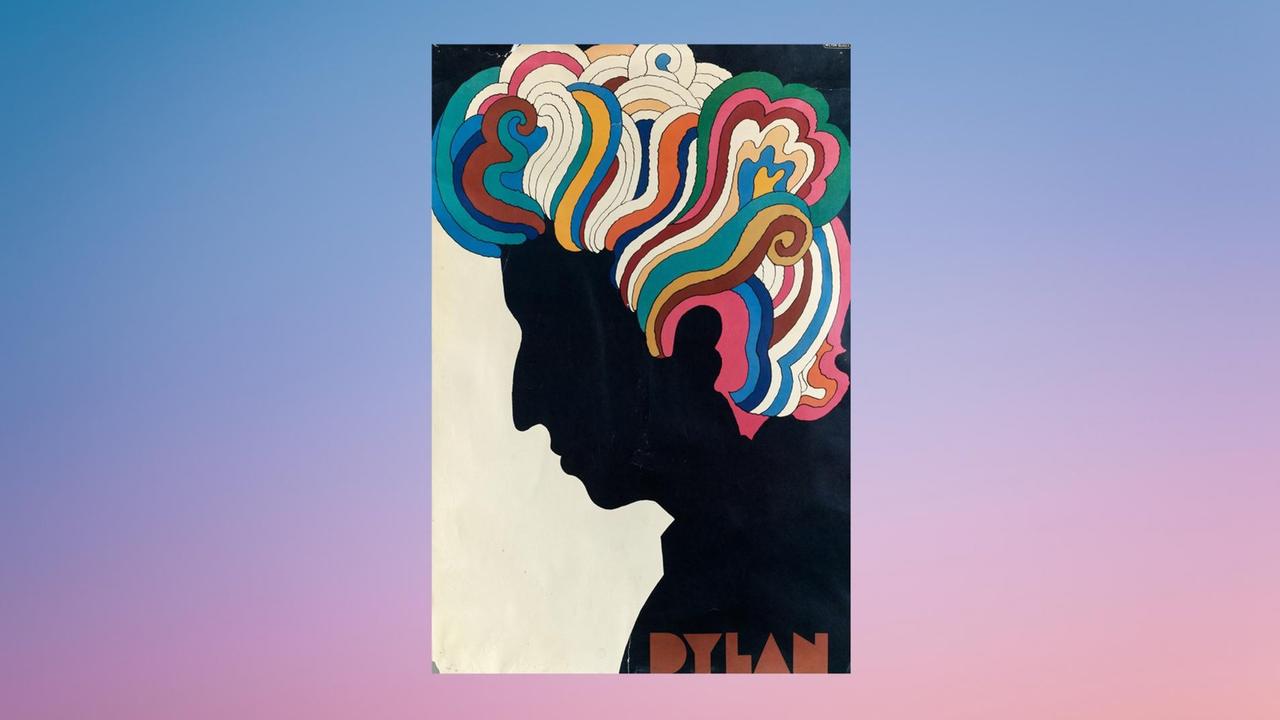Das ikonografische Poster von Milton Glaser mit der Silhouette von Bob Dylan, 1966. Das ikonografische Poster von Milton Glaser mit der Silhouette von Bob Dylan, 1966.