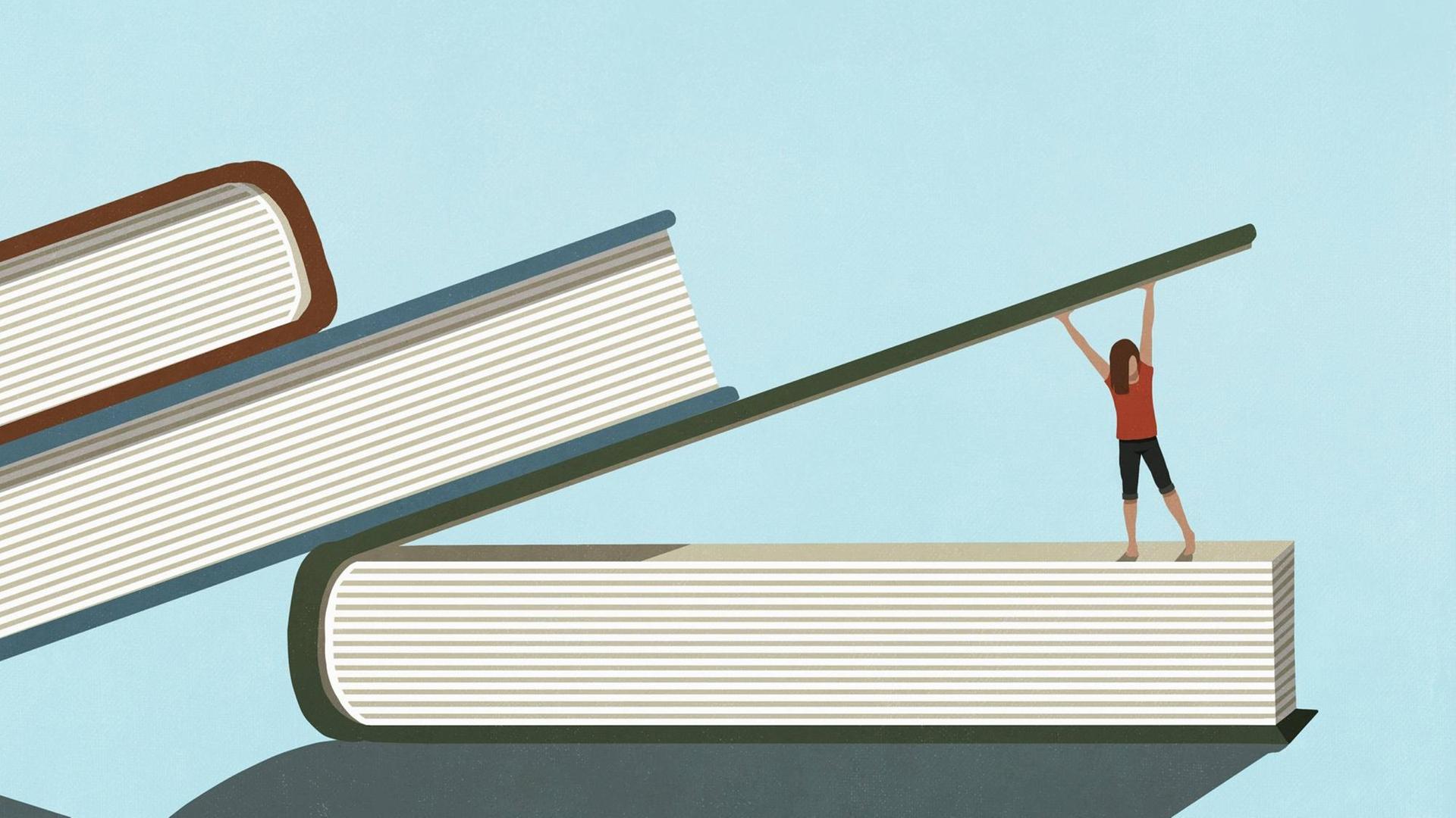 Illustration: Eine Frau steht in einem Buch, auf dem zwei weitere liegen, und hebt den Buchdeckel. Illustration: Eine Frau steht in einem Buch, auf dem zwei weitere liegen, und hebt den Buchdeckel.