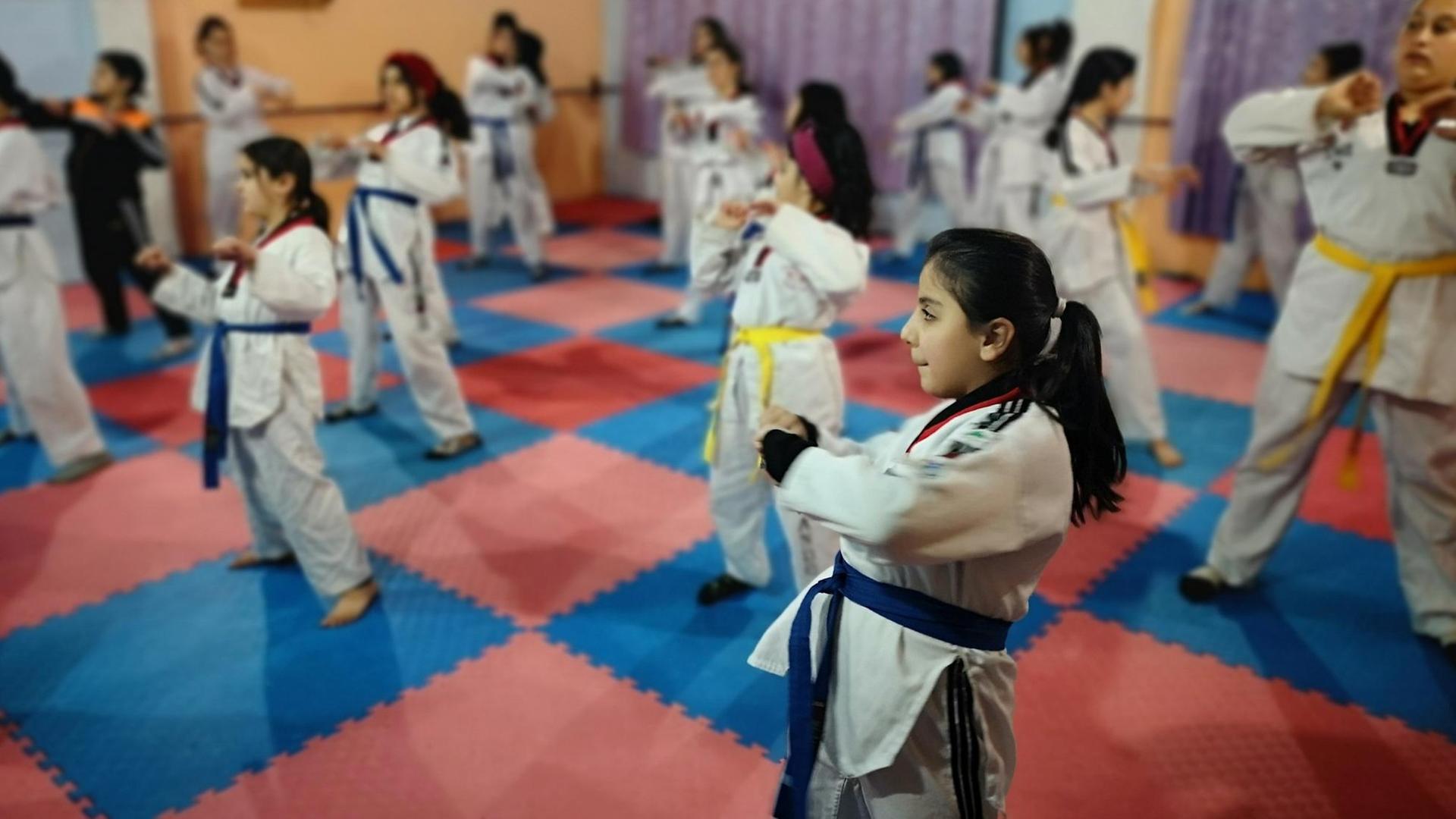 Teakwondo-Kurs mit Mädchen, die trainieren Teakwondo-Kurs mit Mädchen, die trainieren