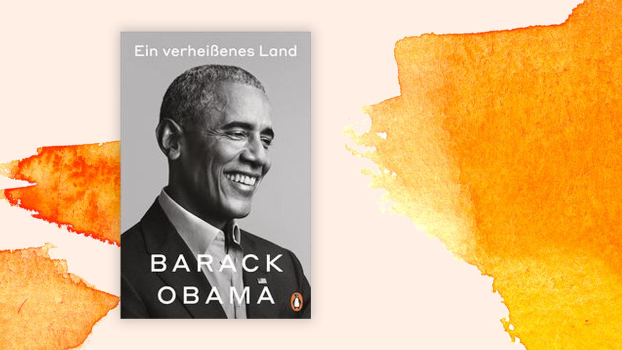 Das Cover von Barack Obamas Buch "Ein verheißenes Land" auf orange-weißem Hintergrund. Auf dem Cover ist ein Foto von Obama in schwarz-weß zu sehen.