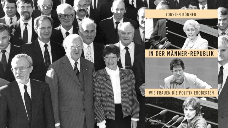 Im Hintergrund: Bundespräsident Richard von Weizsäcker (3.v.r.) posiert am 30.10.1990 mit den neuen Bundestagsabgeordneten auf der Terrasse der Villa Hammerschmidt in Bonn. Rechts im Bild: Das Buchcover "In der Männer-Republik" Im Hintergrund: Bundespräsident Richard von Weizsäcker (3.v.r.) posiert am 30.10.1990 mit den neuen Bundestagsabgeordneten auf der Terrasse der Villa Hammerschmidt in Bonn. Rechts im Bild: Das Buchcover "In der Männer-Republik"