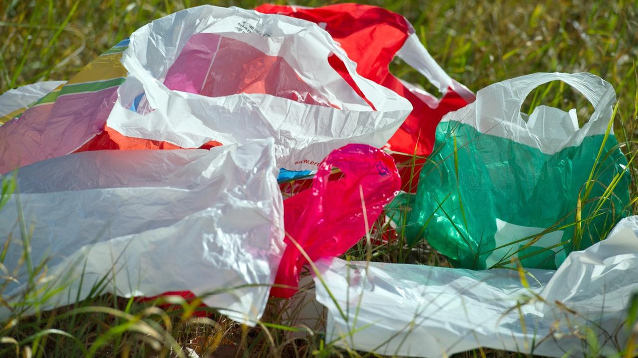 Plastiktüten in verschiedenen Farben liegen auf einer grünen Wiese