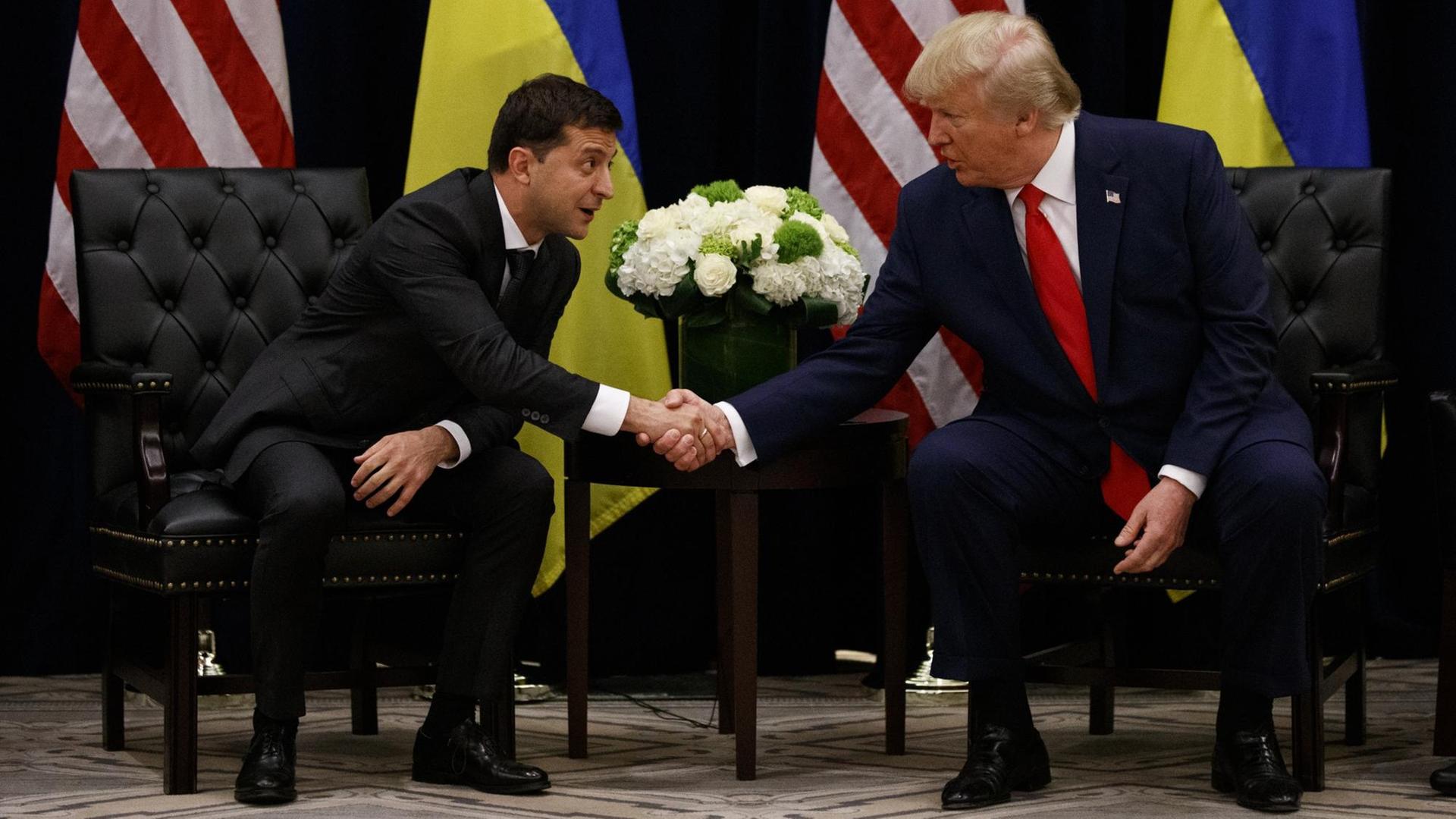 Donald Trump und Wolodymyr Selenskyj sitzen vor ihren Landesflaggen und geben sich die Hand. Donald Trump und Wolodymyr Selenskyj sitzen vor ihren Landesflaggen und geben sich die Hand.