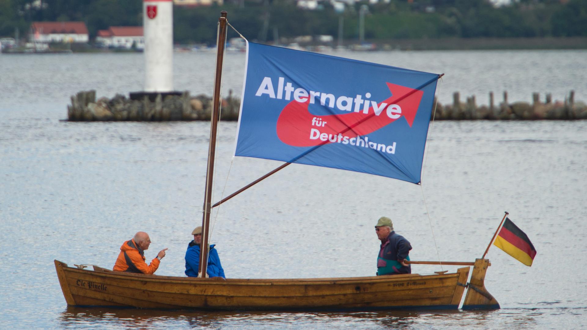 Boot mit AfD-Fahne am Hafen von Stralsund