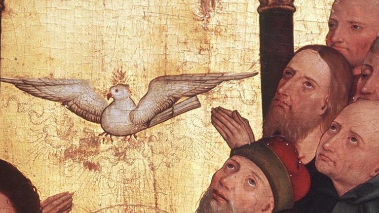 Das Gemälde eines südschwäbischen Meisters um 1480 mit dem sakralen Thema: "Die Ausgießung des Heiligen Geistes". Die Gläubigen werden durch eine Taube mit dem heiligen Geist erfüllt. Das Gemälde eines südschwäbischen Meisters um 1480 mit dem sakralen Thema: "Die Ausgießung des Heiligen Geistes". Die Gläubigen werden durch eine Taube mit dem heiligen Geist erfüllt.