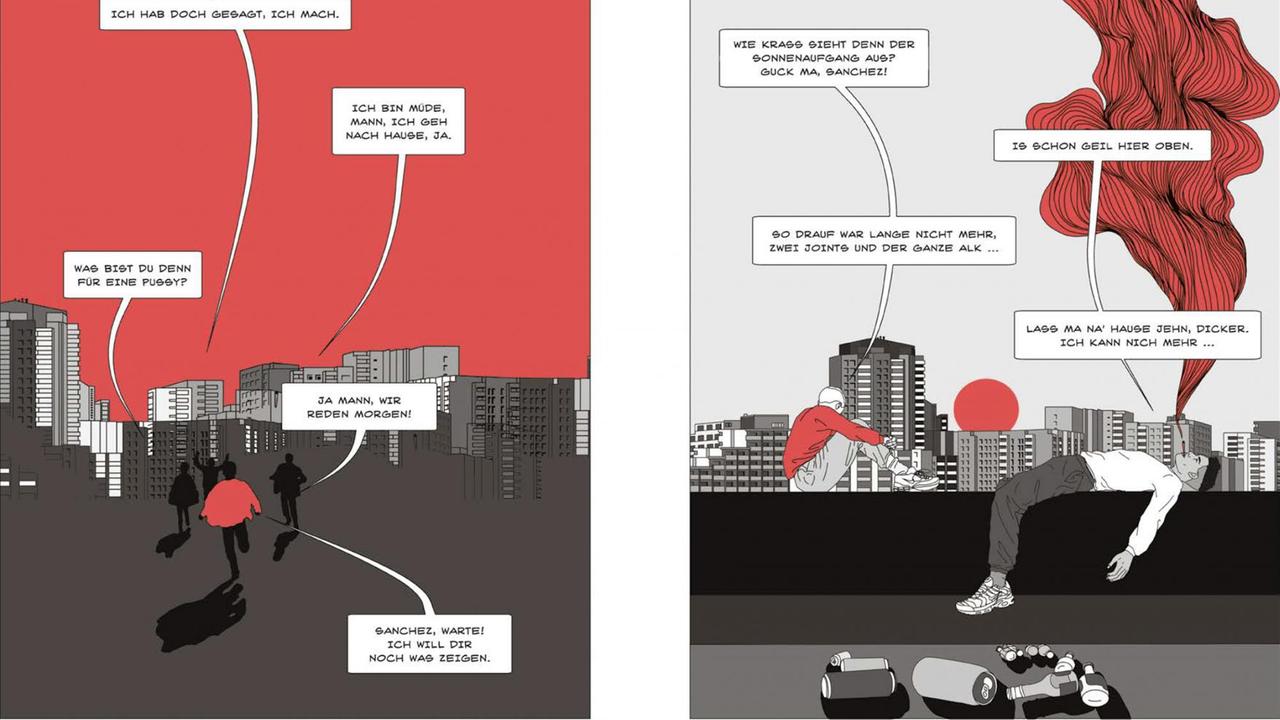 Szenen aus der Graphic Novel "Sonne und Beton" über das Leben Jugendlicher in Berlin Neukölln. Szenen aus der Graphic Novel "Sonne und Beton" über das Leben Jugendlicher in Berlin Neukölln.