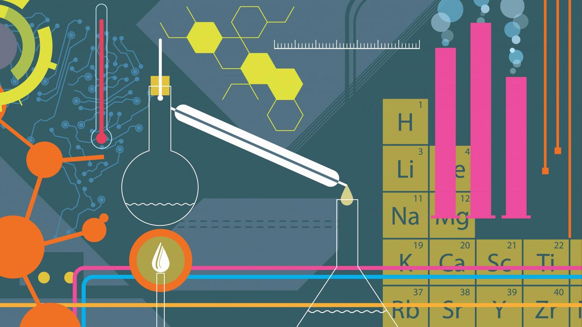 Die Illustration zeigt eine Montage von wissenschaftlicher Ausrüstung, Experimenten und Symbolen der Chemie. Die Illustration zeigt eine Montage von wissenschaftlicher Ausrüstung, Experimenten und Symbolen der Chemie.