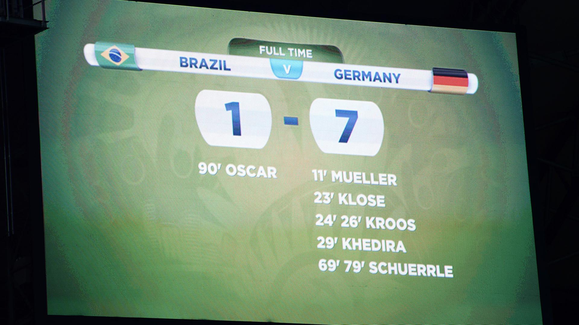 Die Anzeigetafel im WM-Stadion in Belo Horizonte zeigt das Ergebnis des Halbfinales Brasilien gegen Deutschland. Die Anzeigetafel im WM-Stadion in Belo Horizonte zeigt das Ergebnis des Halbfinales Brasilien gegen Deutschland.