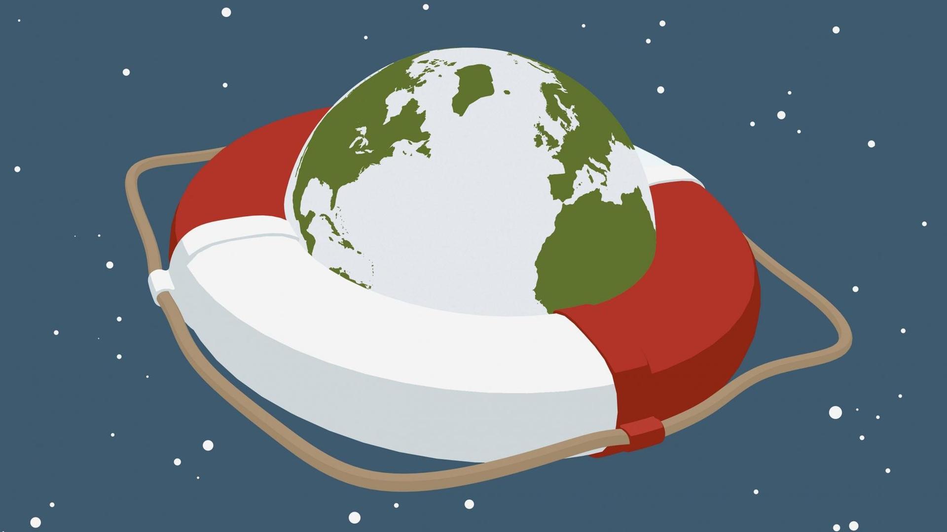 Eine Illustration: Der Planet Erde fliegt in einem Rettungsring im Weltraum Eine Illustration: Der Planet Erde fliegt in einem Rettungsring im Weltraum