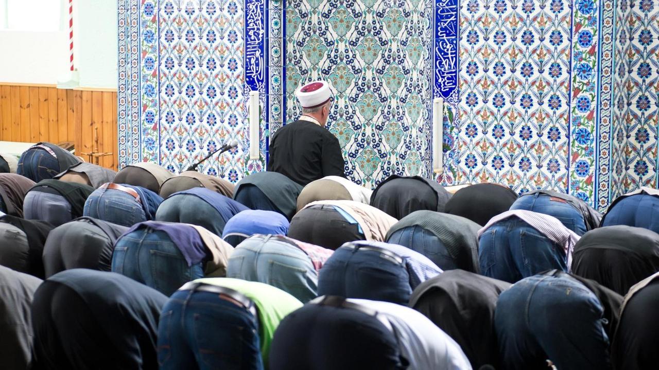 Sie sehen Muslime, die gemeinsam in einer Moschee beten. Sie sehen Muslime, die gemeinsam in einer Moschee beten.