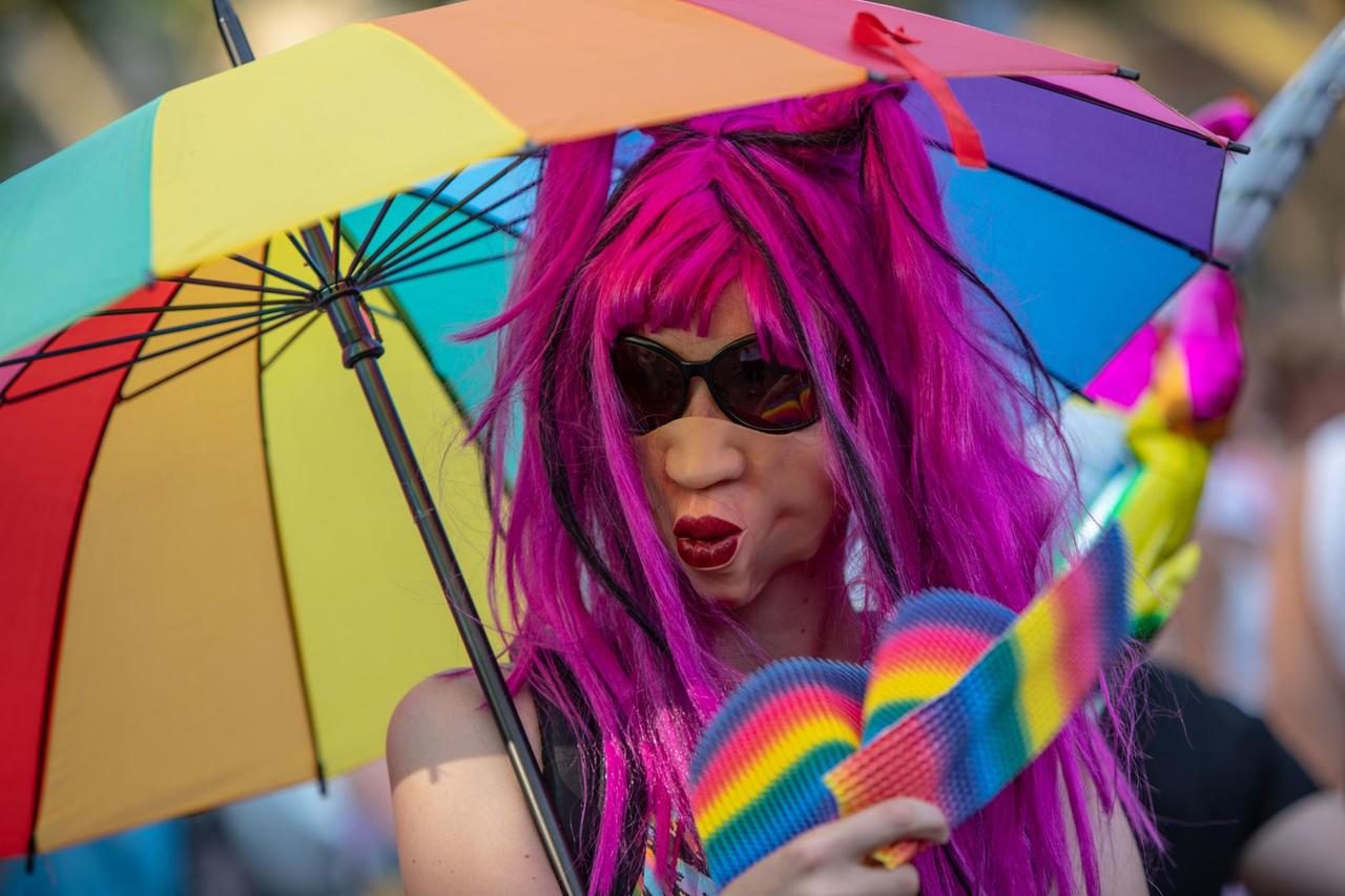 July 28, 2018 - Berlin, Berlin, Germany - A participant is wearing a rainbow color costume during the 2018 'Dyke March' in Berlin, Germany on July 27,2018. Members of the LGBTQ community and supporters were marching in the mostly lesbian-led demo through the German capital's Kreuzberg district | July 28, 2018 - Berlin, Berlin, Germany - A participant is wearing a rainbow color costume during the 2018 'Dyke March' in Berlin, Germany on July 27,2018. Members of the LGBTQ community and supporters were marching in the mostly lesbian-led demo through the German capital's Kreuzberg district |