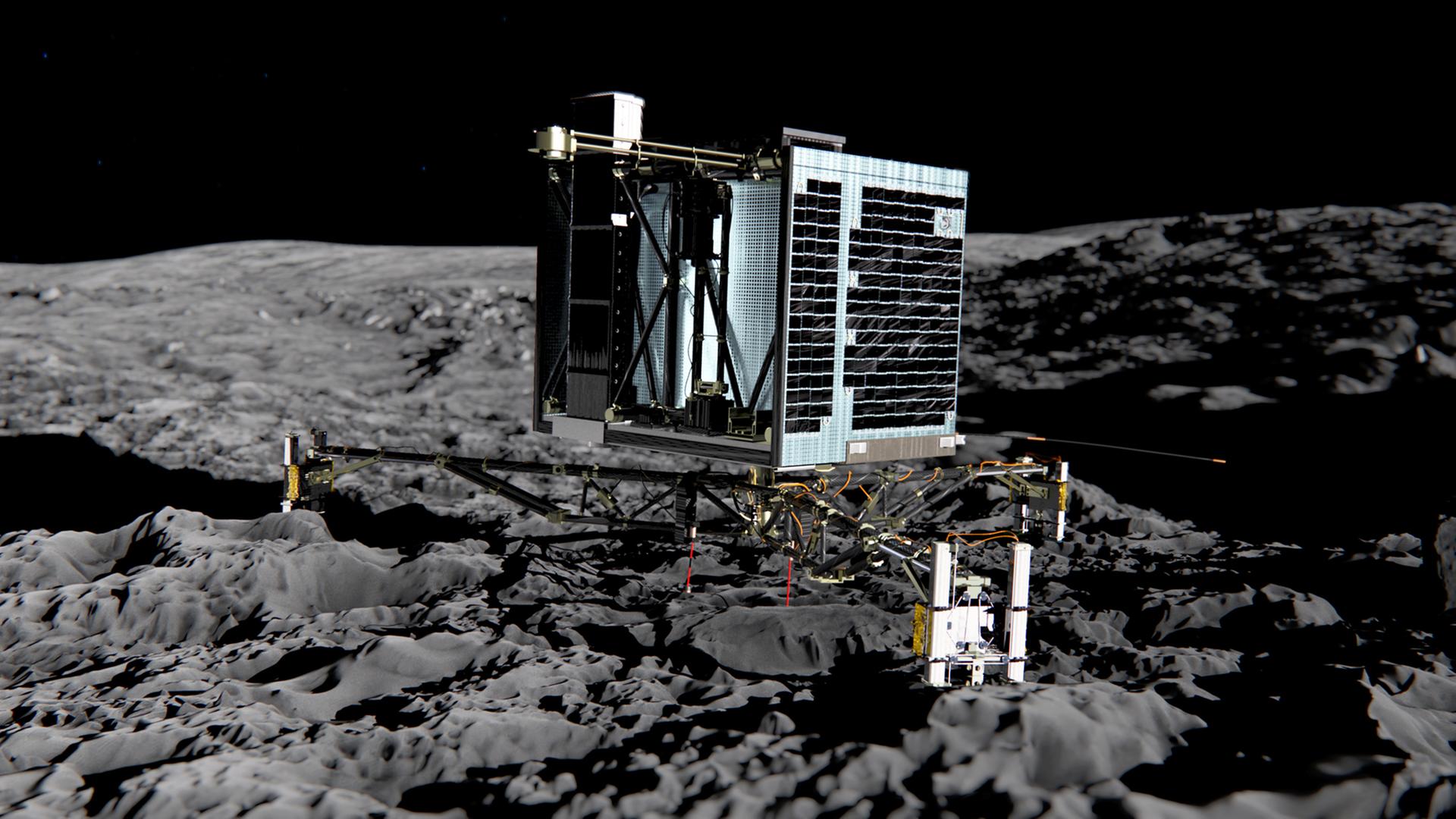 So sieht "Rosettas" Landeeinheit "Philae" aus, die sich am 12. November 2014 von der Muttersonde lösen und auf die Oberfläche des Kometen Tschurjumow-Gerassimenko hinabsinken soll. So sieht "Rosettas" Landeeinheit "Philae" aus, die sich am 12. November 2014 von der Muttersonde lösen und auf die Oberfläche des Kometen Tschurjumow-Gerassimenko hinabsinken soll.